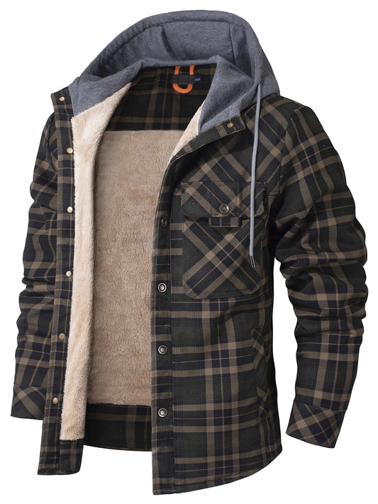 Men's checked hooded jacket with button front and contrasting lining