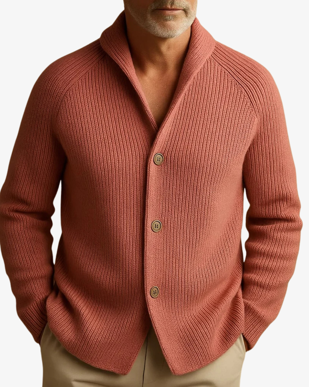 Ribbed knit cardigan with stand collar, button front and two patch pockets