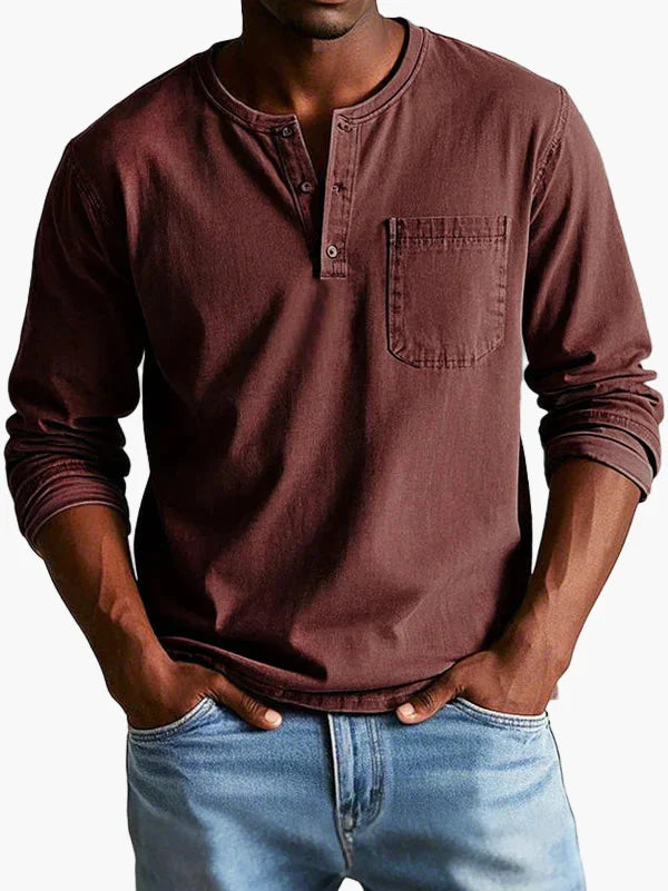 Men's long-sleeve Henley shirt with round neckline, button placket and chest pocket