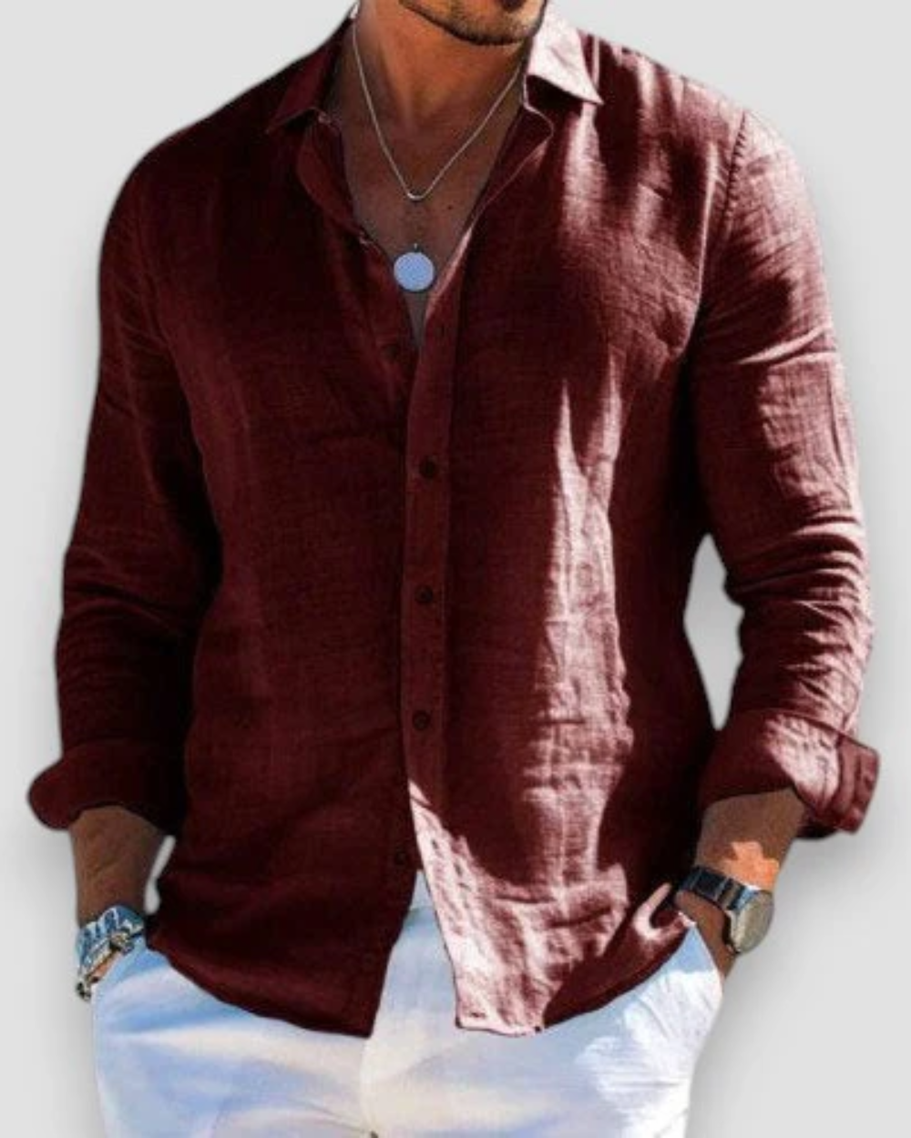 Men's long-sleeve button shirt with open collar and rolled cuffs