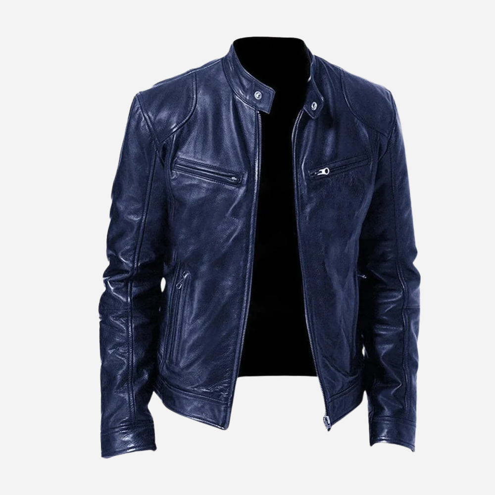 Men's biker jacket with stand collar, long sleeves and multiple zip pockets