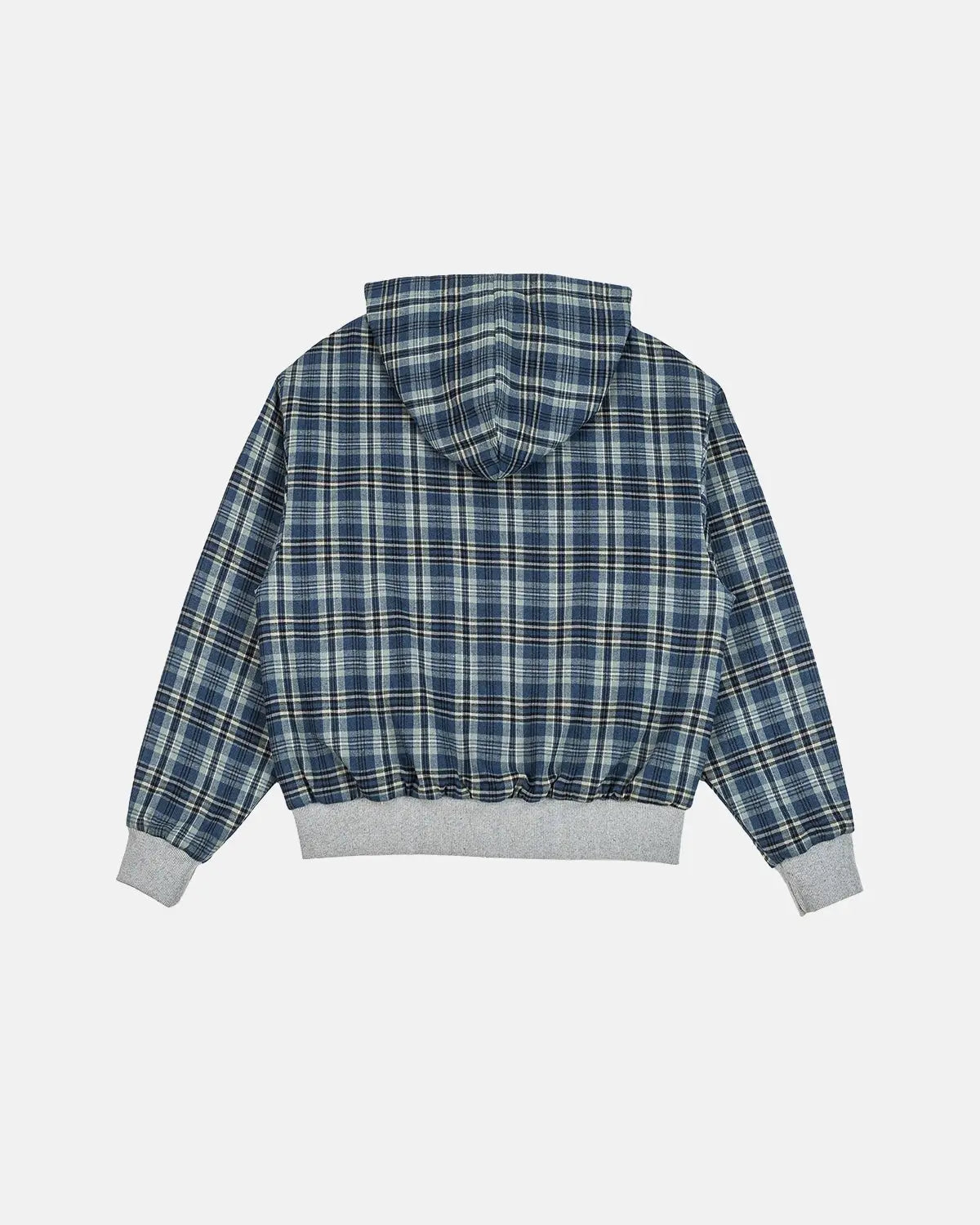 Grey reversible cropped hoodie with checked lining, hood and zip front