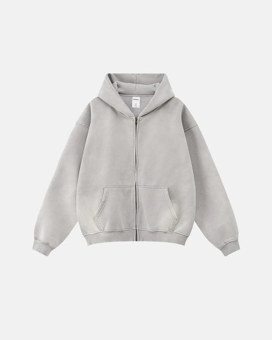 Unisex acid washed zip-up hoodie with hood, long sleeves and front pocket