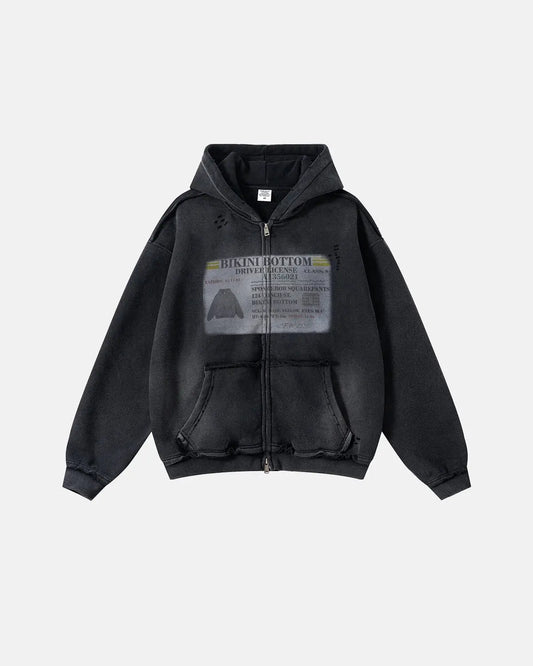 Unisex graphic zip-up hoodie with hood, printed chest design and front pockets