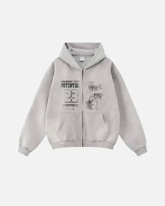 Graphic zip-up hoodie with hood, long sleeves and front pouch pockets