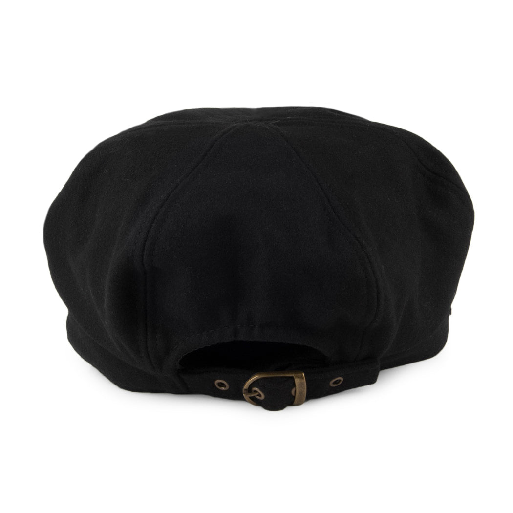 Black unisex bakerboy hat with rounded crown and short brim