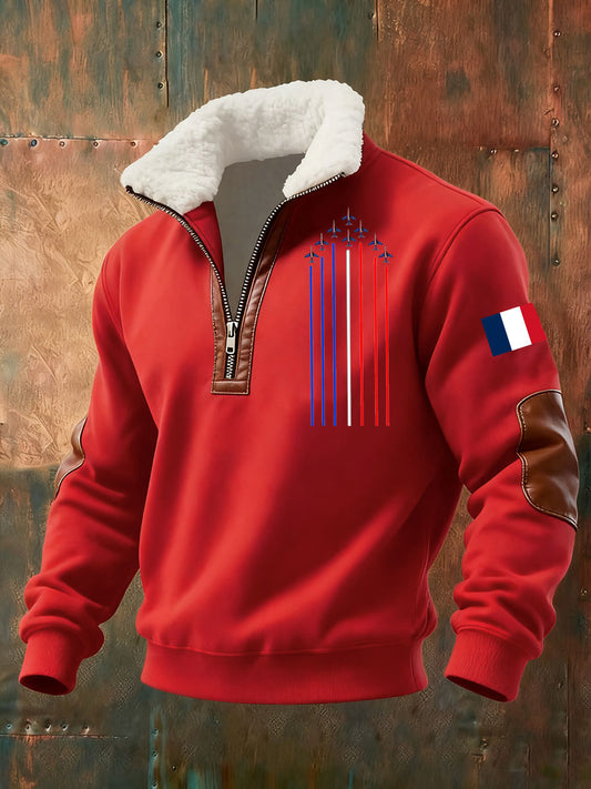 Men's hooded quarter-zip sweatshirt with aircraft graphics and contrasting sleeve panels