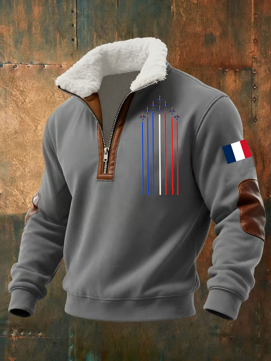 Men's hooded quarter-zip sweatshirt with aircraft graphics and contrasting sleeve panels