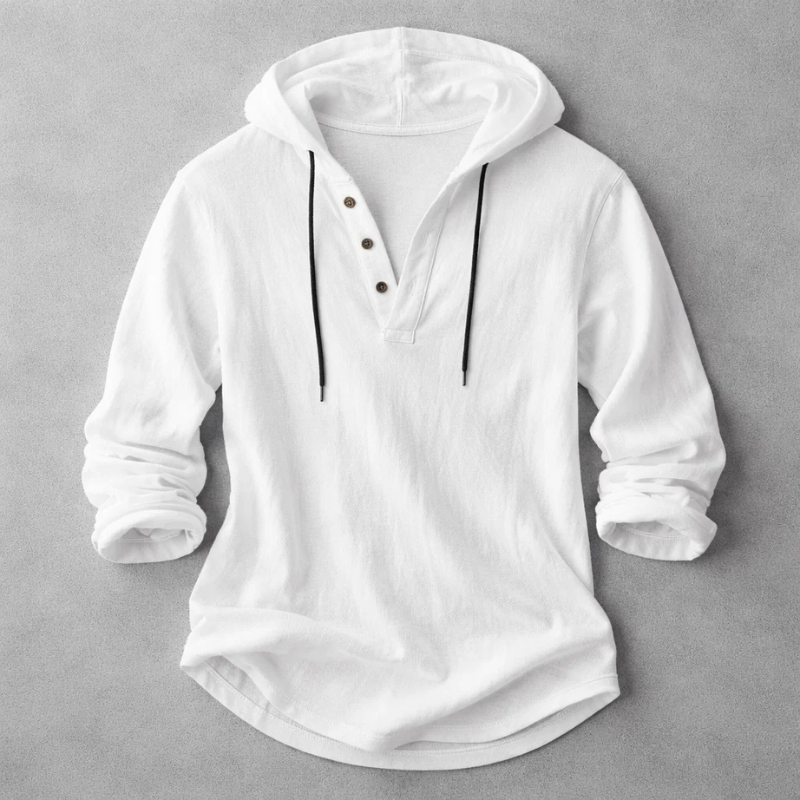 Long-sleeve hooded shirt with button placket and curved hem