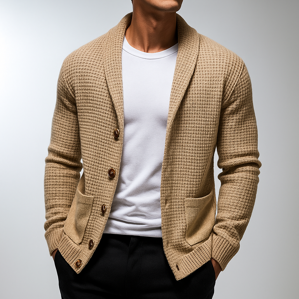 Men's textured knit cardigan with shawl collar, buttons and two patch pockets