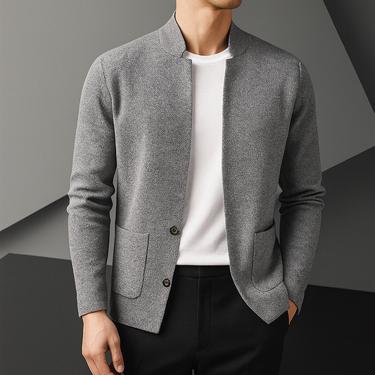 Men's textured knit cardigan with Mandarin collar, buttons and patch pockets