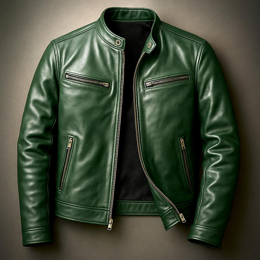 Men's leather jacket with stand collar and multiple zip pockets