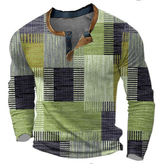 Men's multicoloured patchwork henley sweater with long sleeves