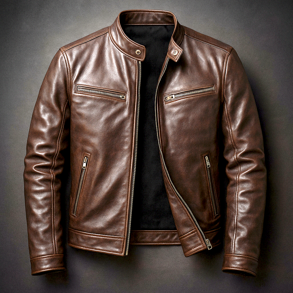 Men's leather jacket with stand collar and multiple zip pockets