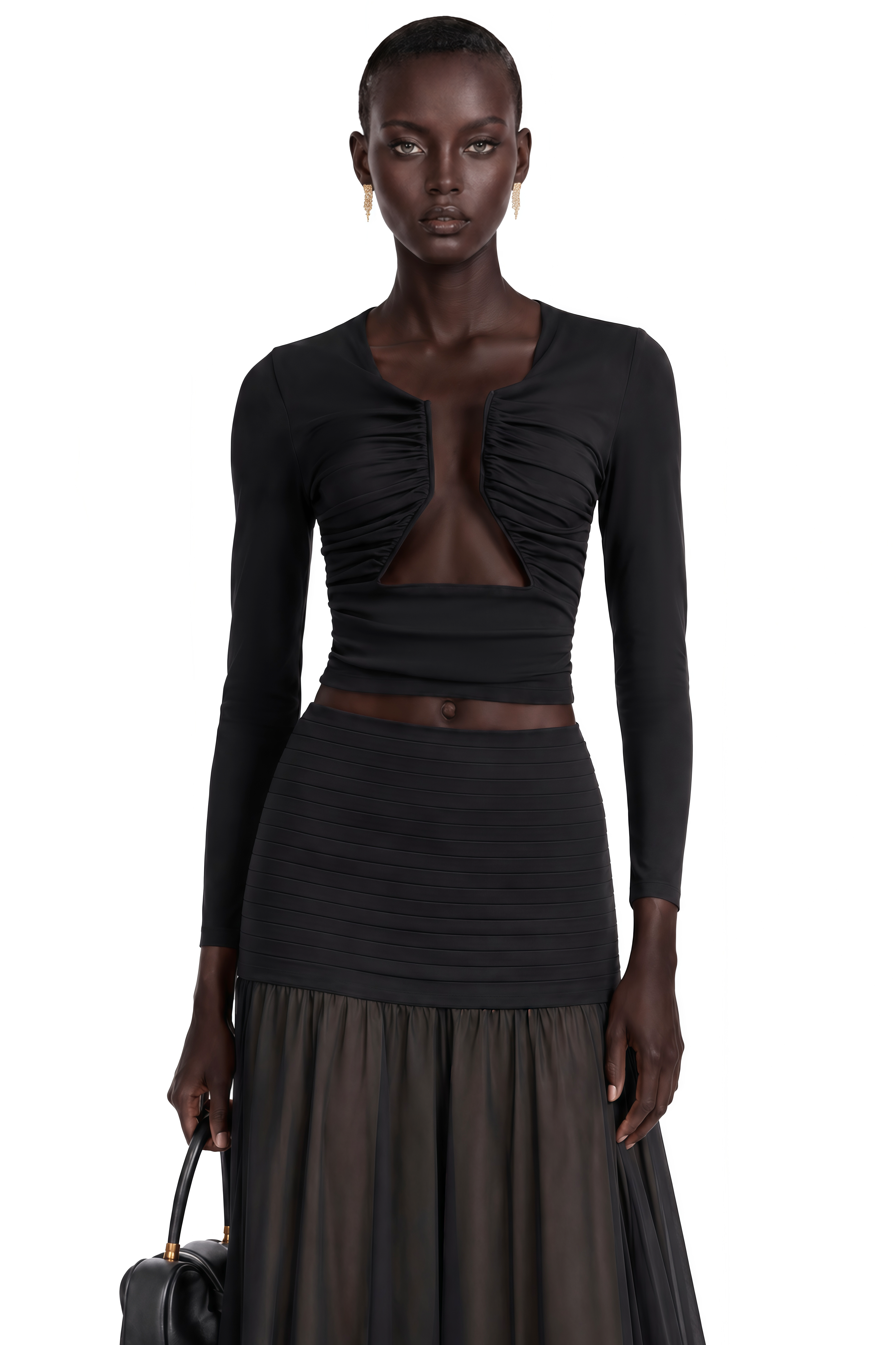 Women's black long sleeve fitted crop top with gathered ruching and open front cutout