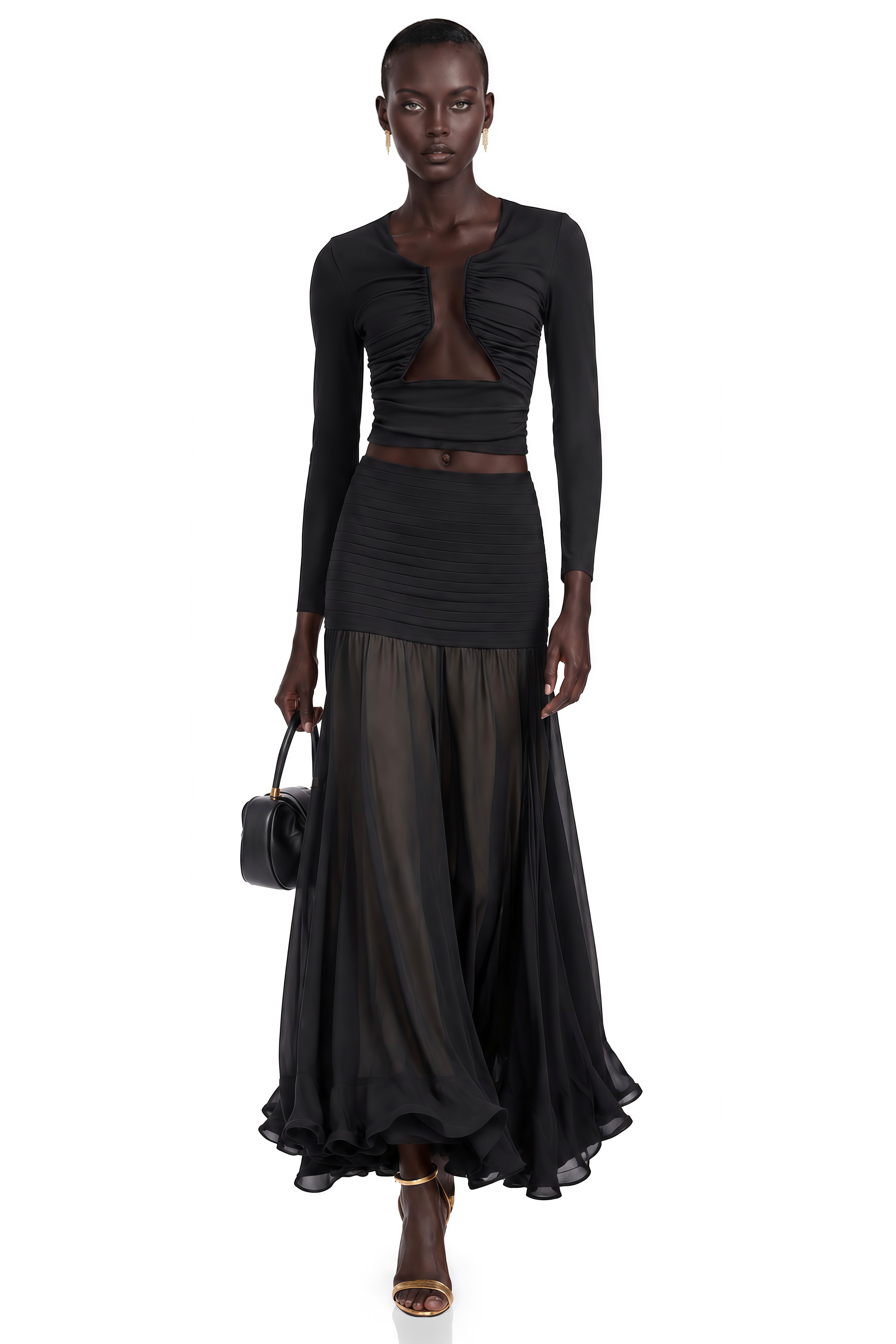 Women's black long sleeve fitted crop top with gathered ruching and open front cutout