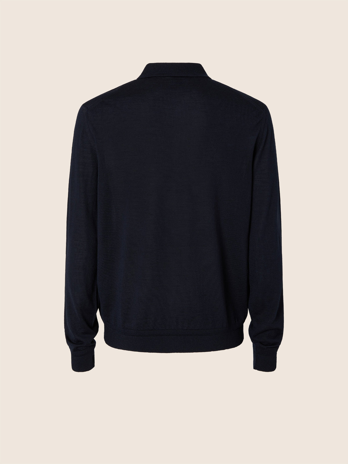 Men's navy long-sleeve polo jumper with collar and button placket