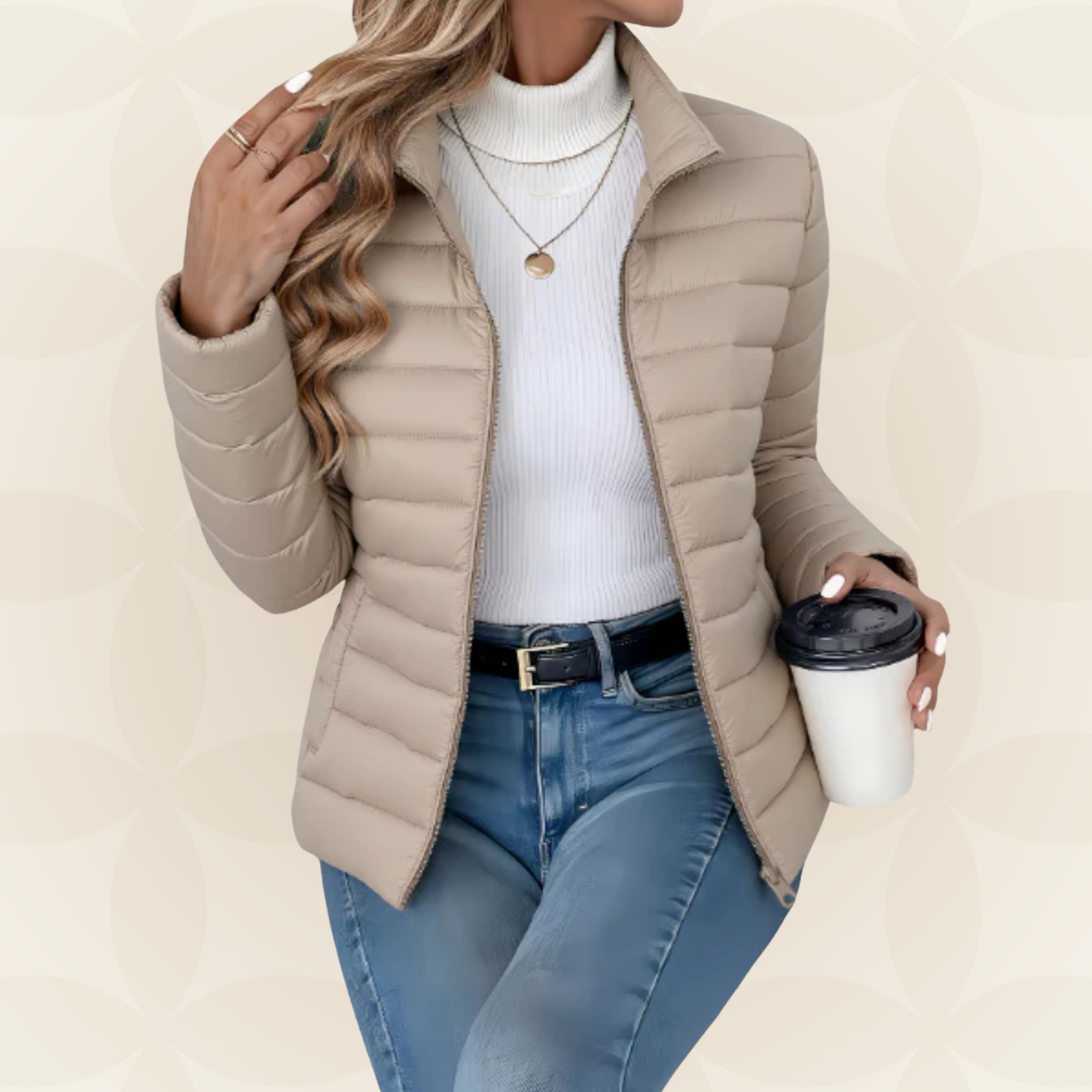 Women's quilted puffer jacket in grey and black with zip closure and stand-up collar