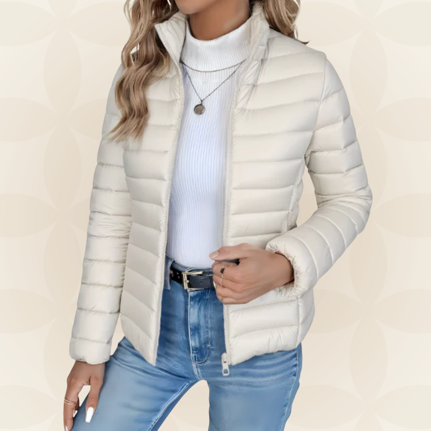 Women's quilted puffer jacket in grey and black with zip closure and stand-up collar