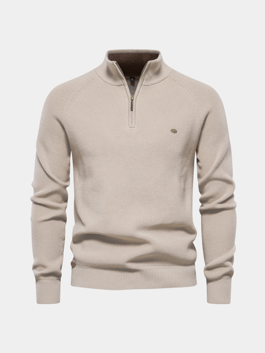 Men's black half zip ribbed crew neck sweater with long sleeves