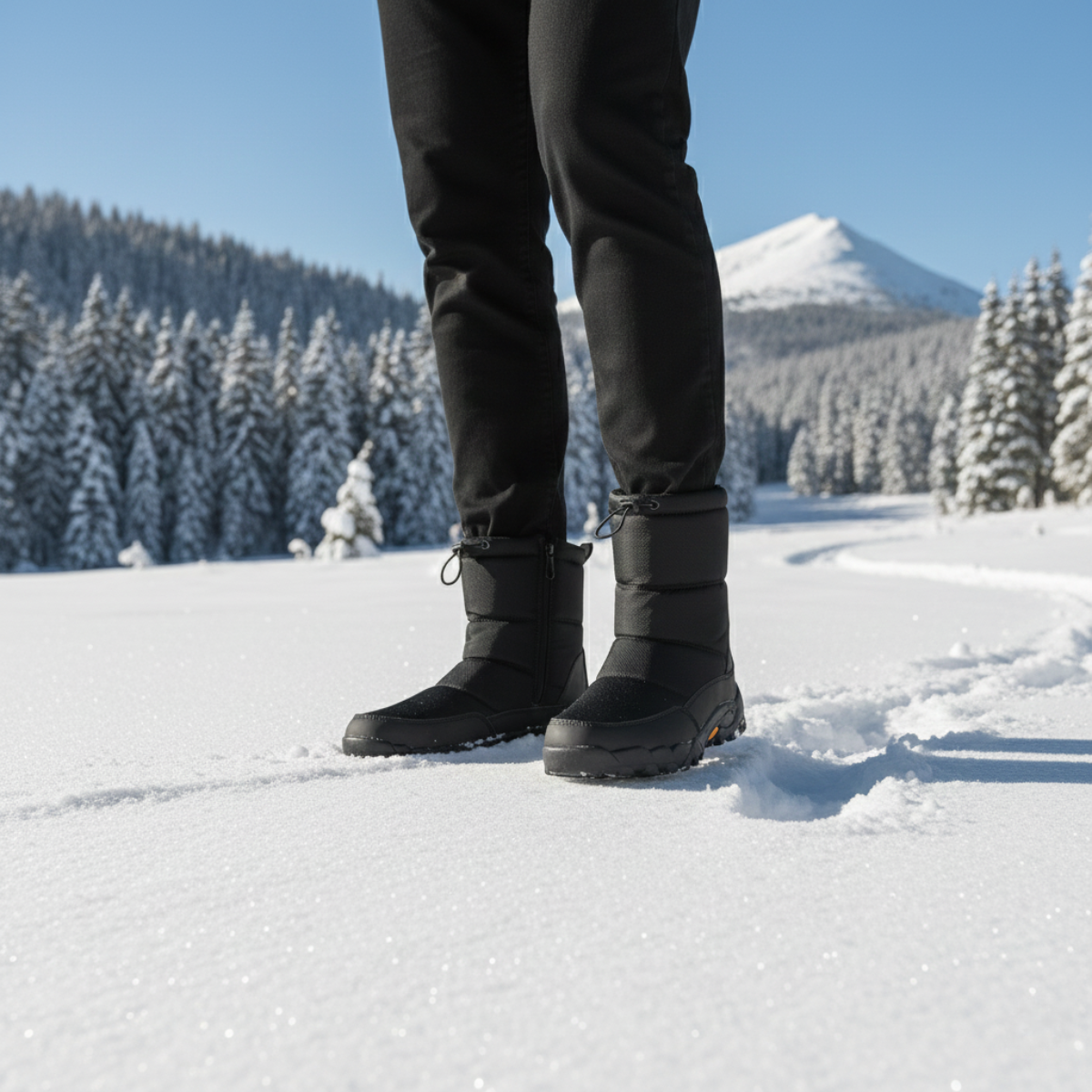 Men's padded winter snow boots with side zip, drawcord cuffs and deep tread soles