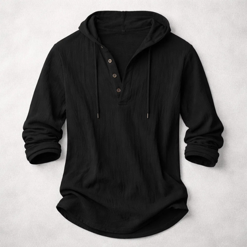 Long-sleeve hooded shirt with button placket and curved hem