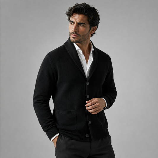 Men's shawl collar button cardigan with long sleeves, ribbed trims and front pockets