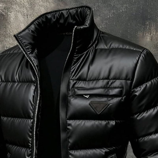 Men's black quilted puffer jacket with high collar and front zip