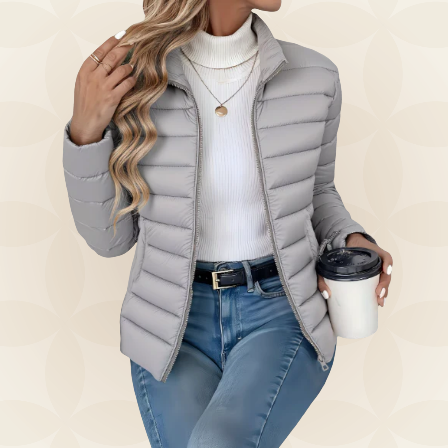 Women's quilted puffer jacket in grey and black with zip closure and stand-up collar