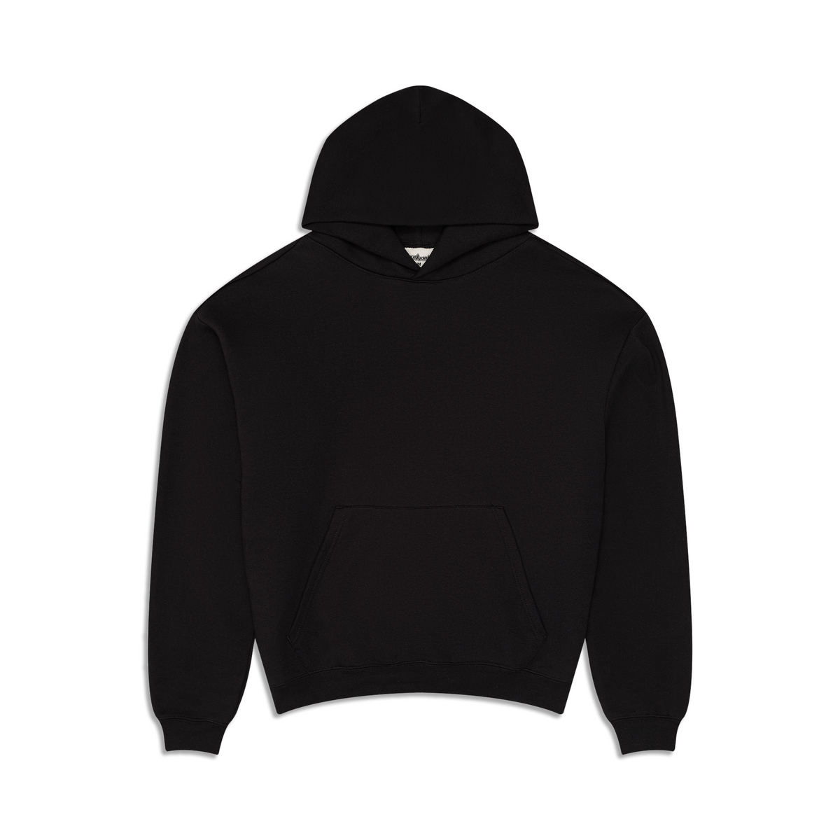 Men's plain black pullover hoodie with hood, long sleeves and front kangaroo pocket