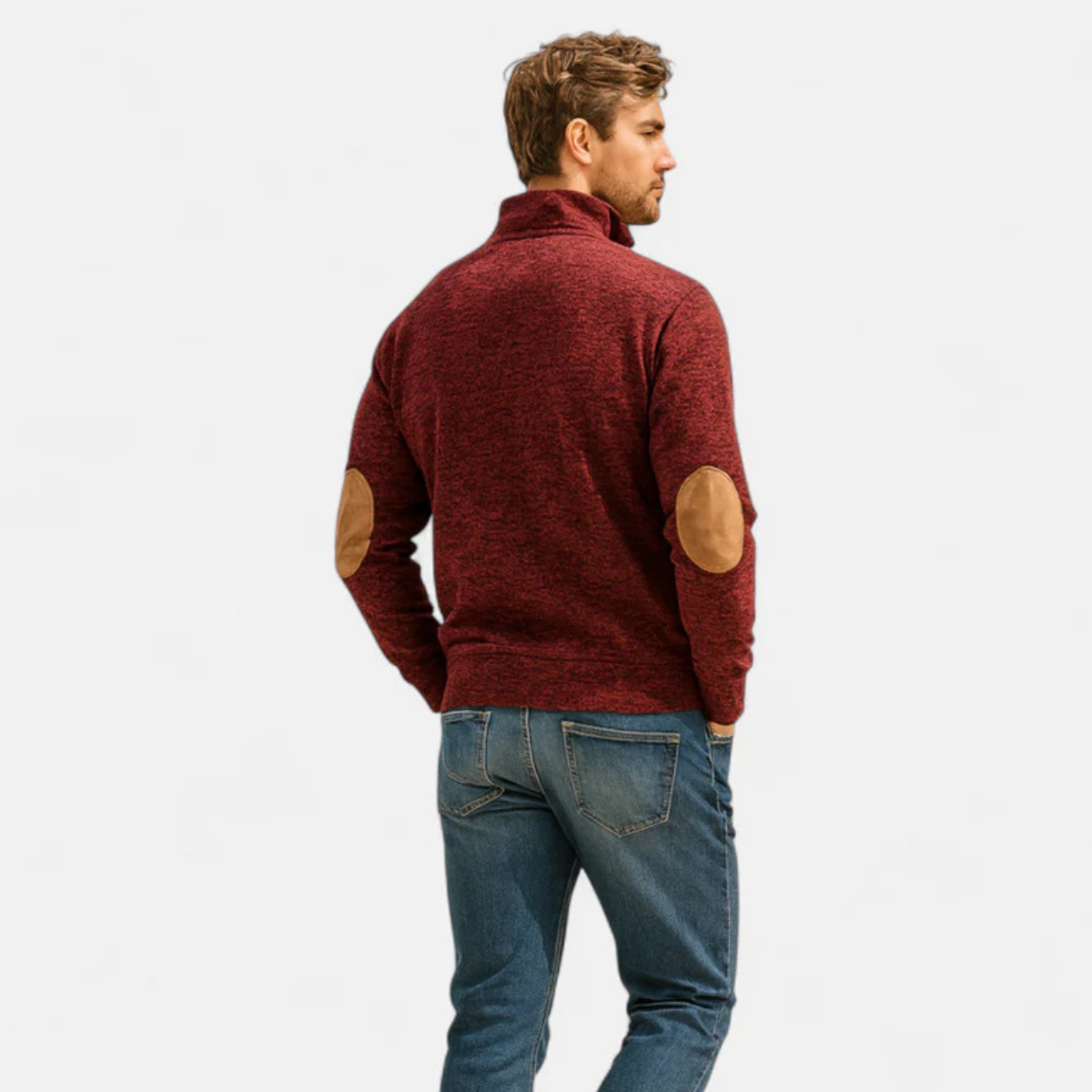 Men's textured knitted sweater with stand collar and contrasting elbow patches