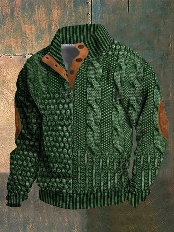 Men's patterned cable knit sweater with crew neck and suede elbow patches
