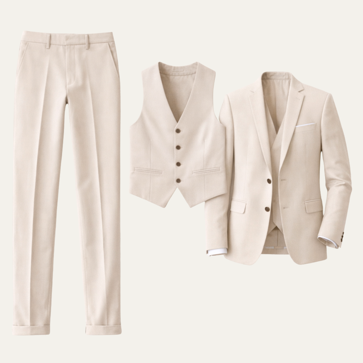Men's three piece slim fit suit with blazer, buttoned waistcoat and tailored trousers