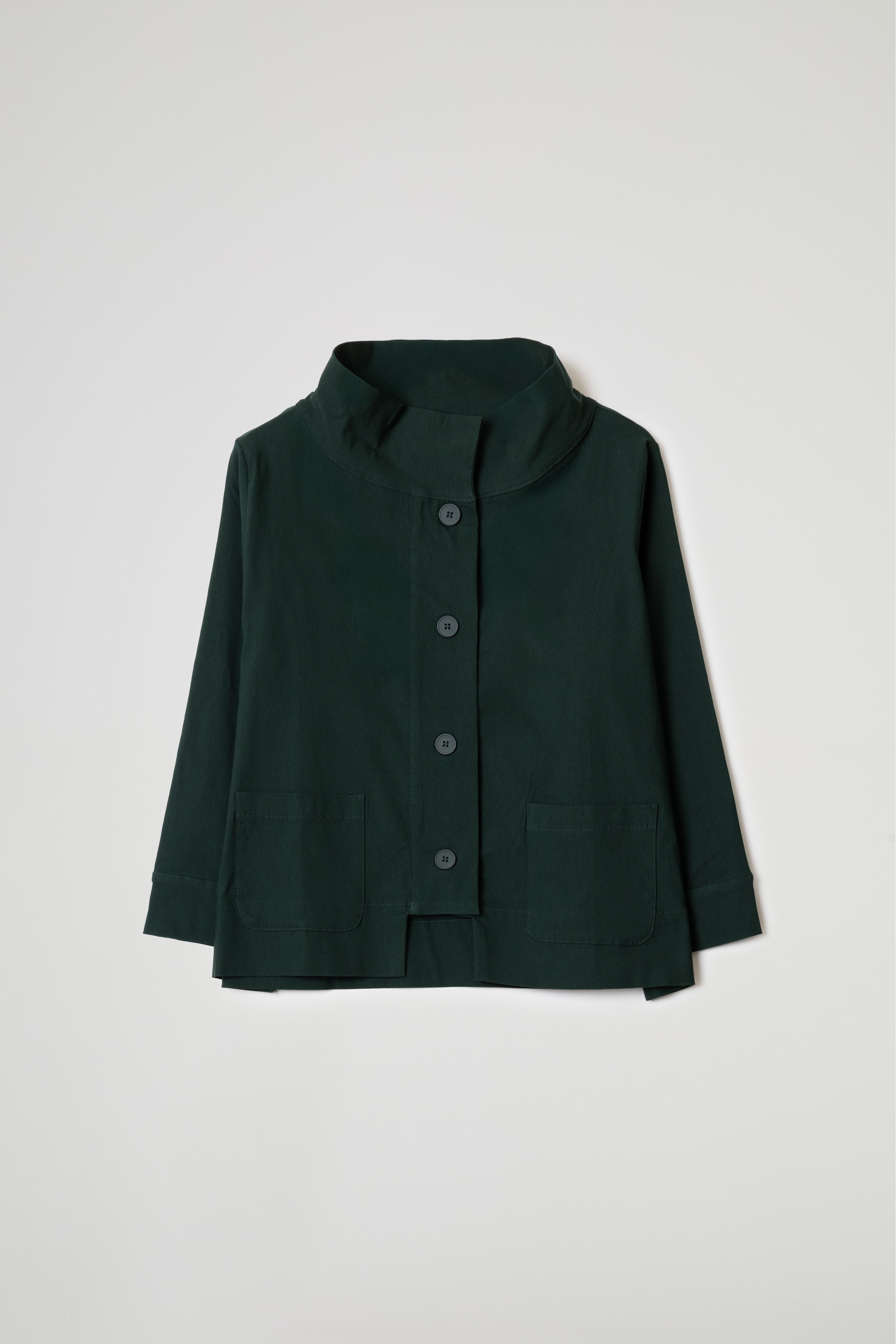 Women's navy asymmetric short jacket with long sleeves and button front closure