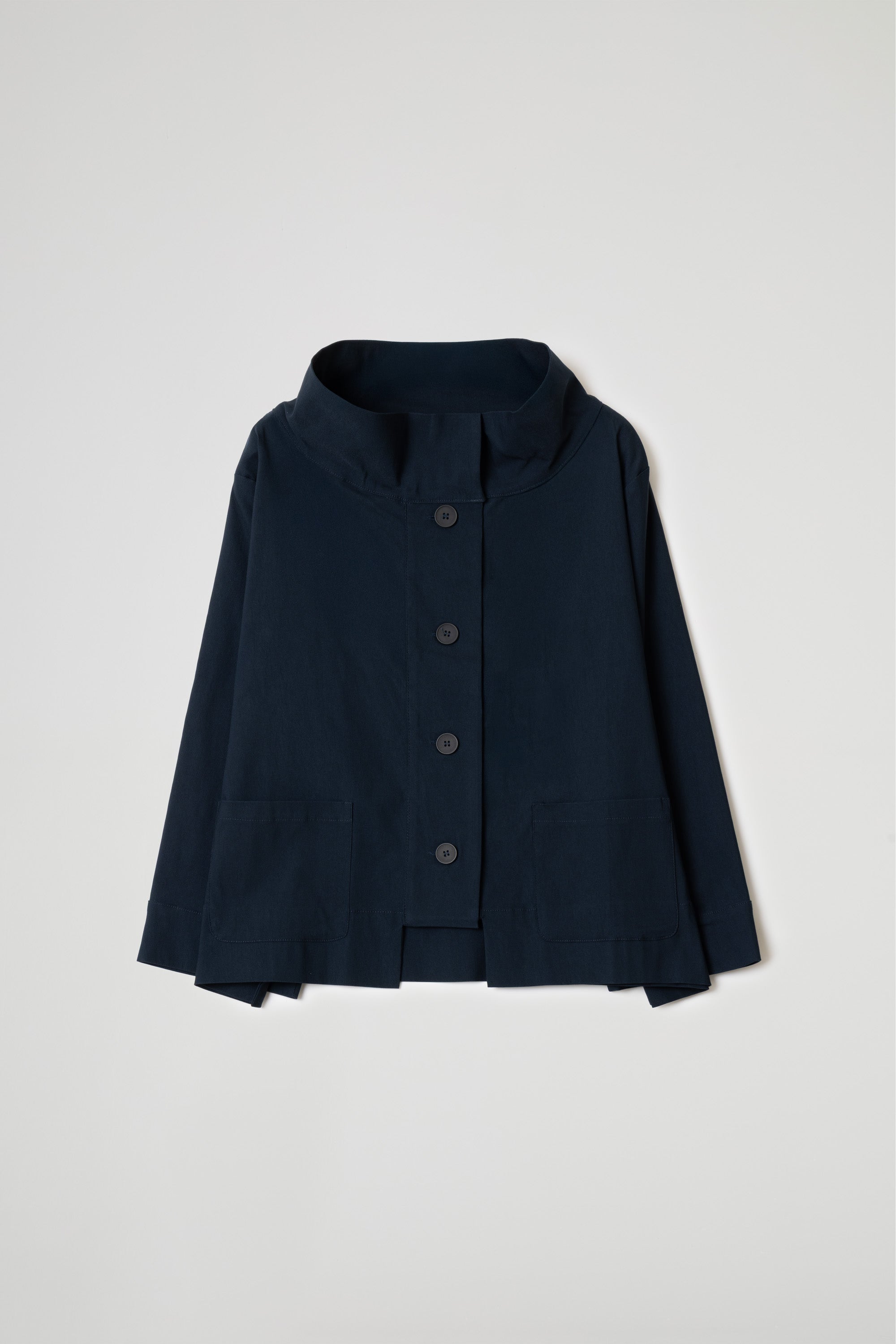 Women's navy asymmetric short jacket with long sleeves and button front closure