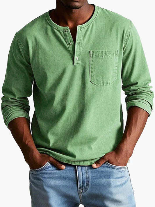 Men's long-sleeve Henley shirt with round neckline, button placket and chest pocket