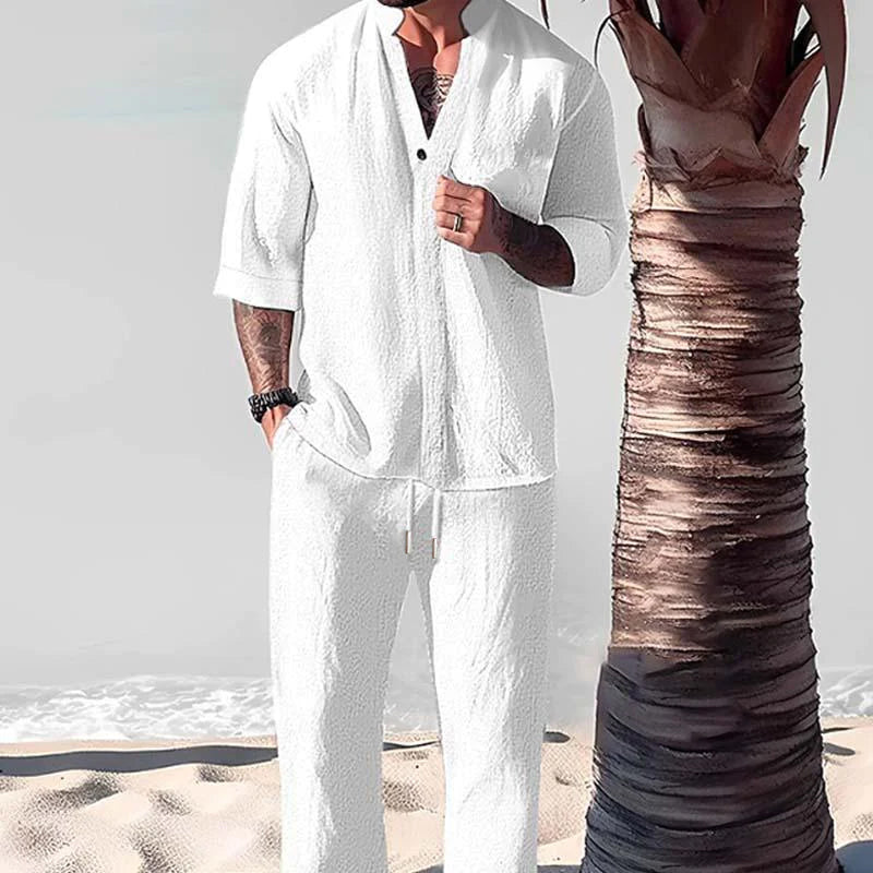 Men's Linen Loungewear Set, Short Sleeve T-Shirt and Trousers Casual Summer Co-ord