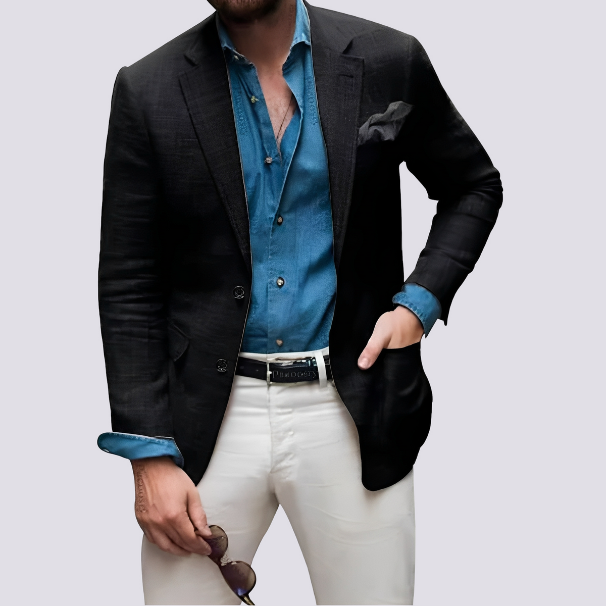 Men's button front blazer with notched lapels, long sleeves and flap pockets