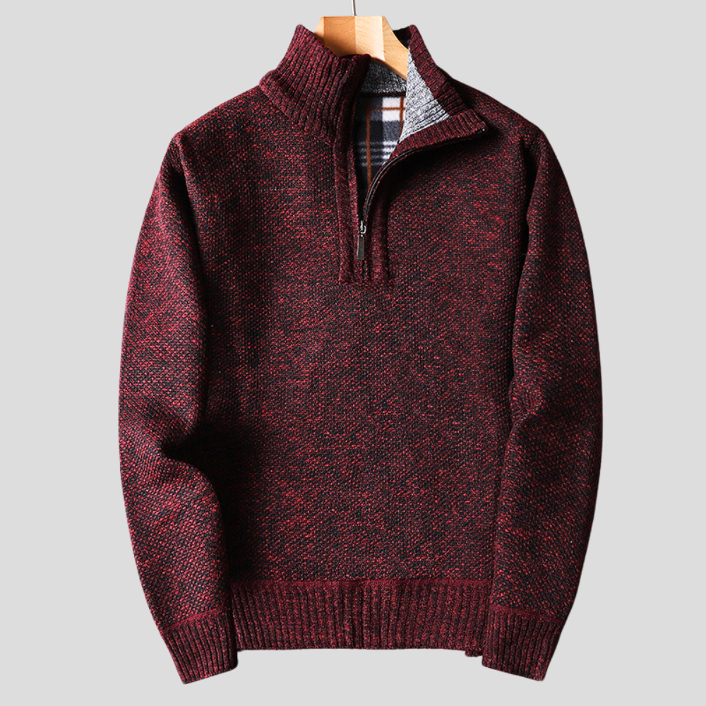 Men's textured quarter zip jumper with mock neck and ribbed trims