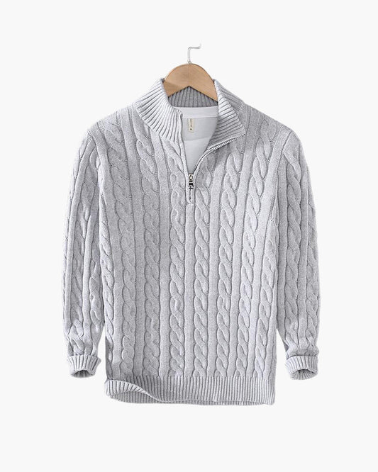 Men's cable knit quarter-zip sweaters in navy and gray