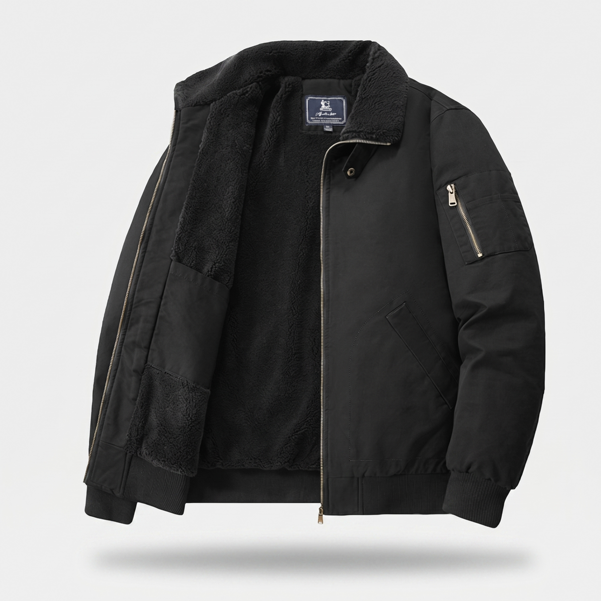 Men's plain fleece-lined bomber jacket with mock collar, zip front and utility pockets