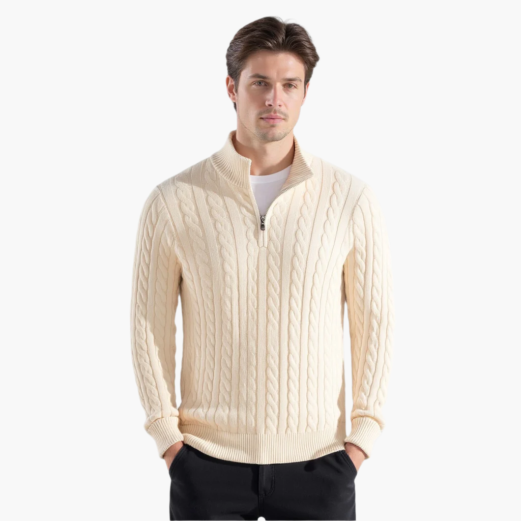 Pack of five men's cable-knit quarter-zip sweaters displayed on hangers in black, navy, white, cream and light blue
