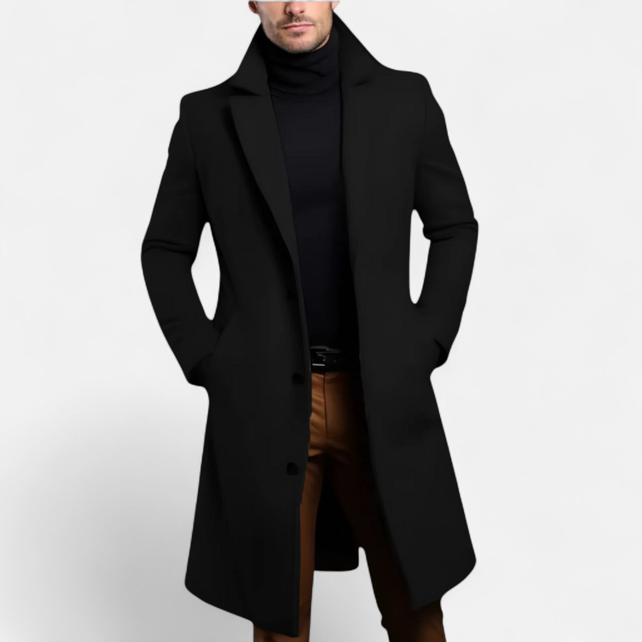 Men's long coat with notched lapels, button front and side pockets