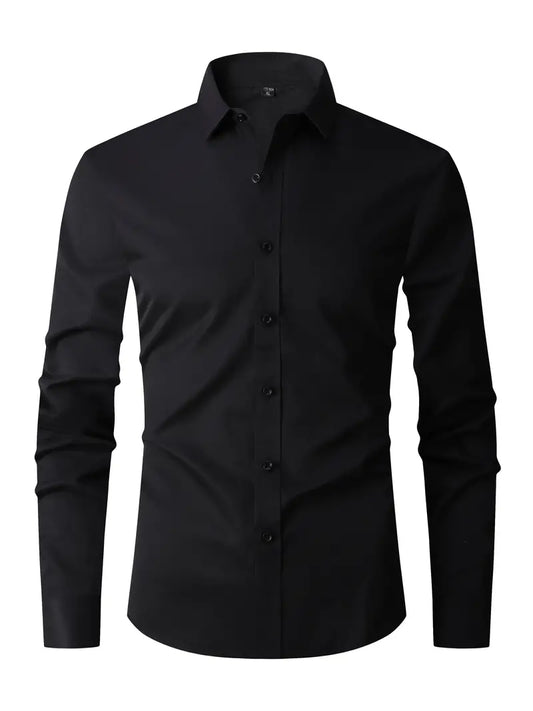 Men's fitted long sleeve shirt with point collar and button front in white