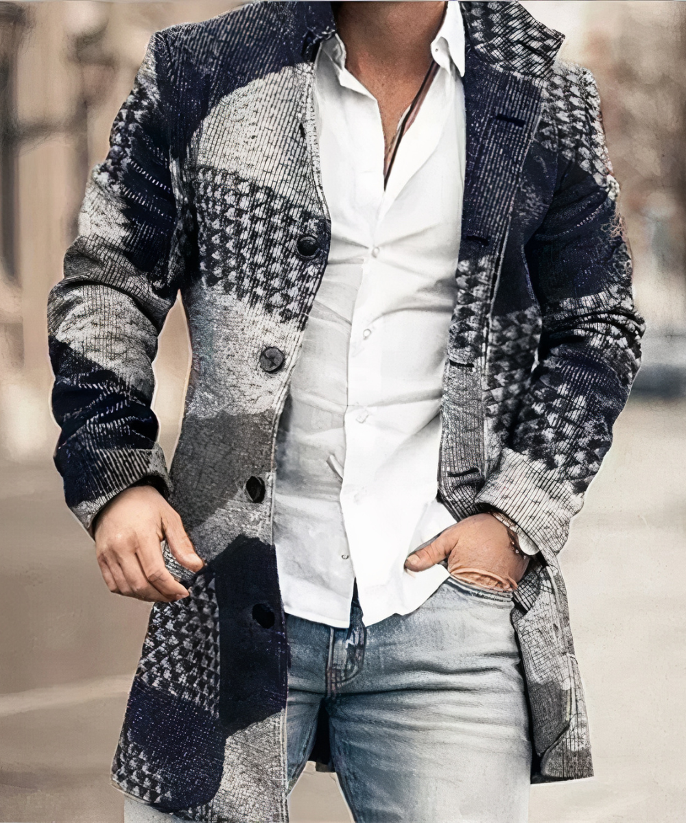 Men's textured trench coat with stand collar and button front
