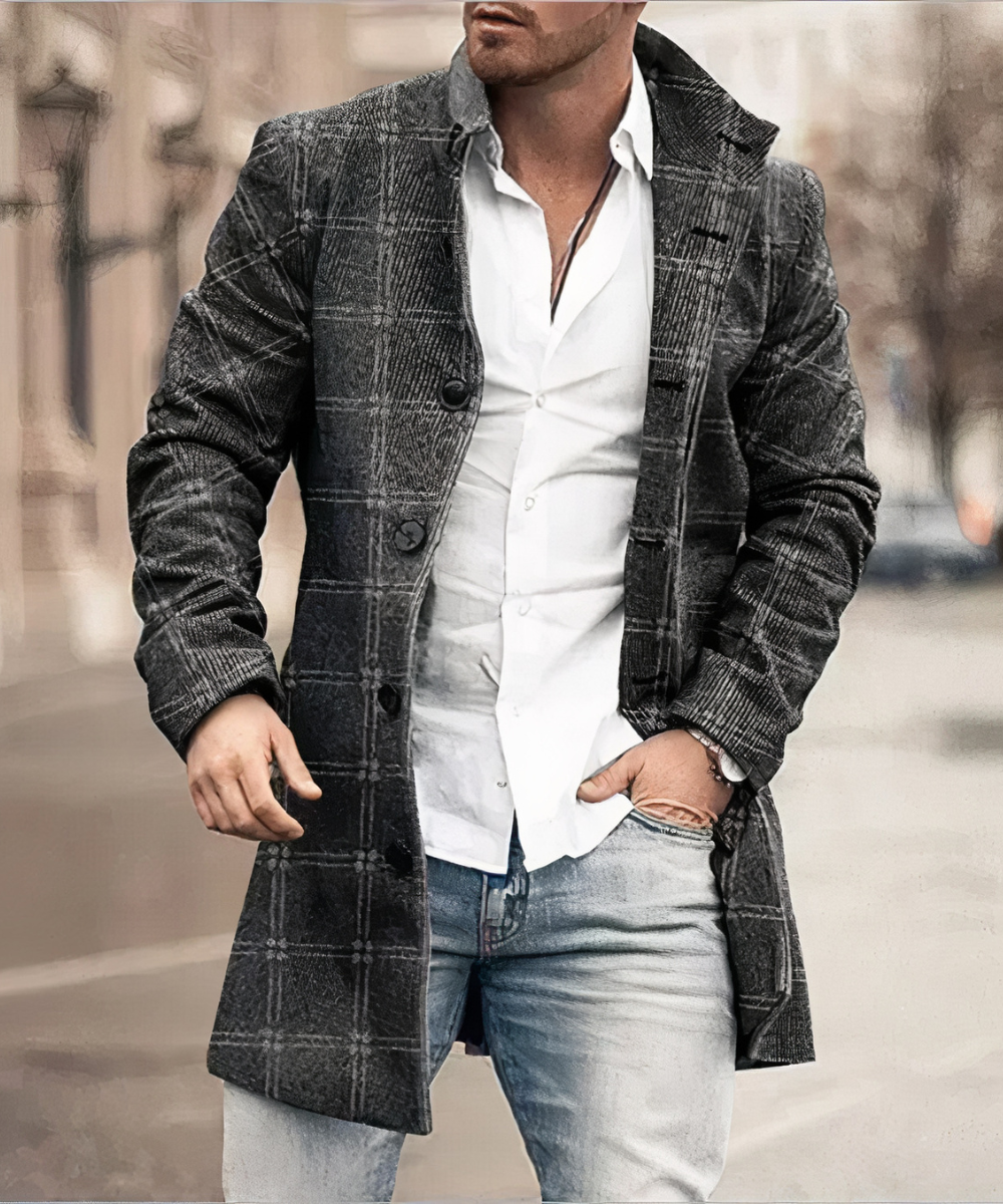 Men's textured trench coat with stand collar and button front