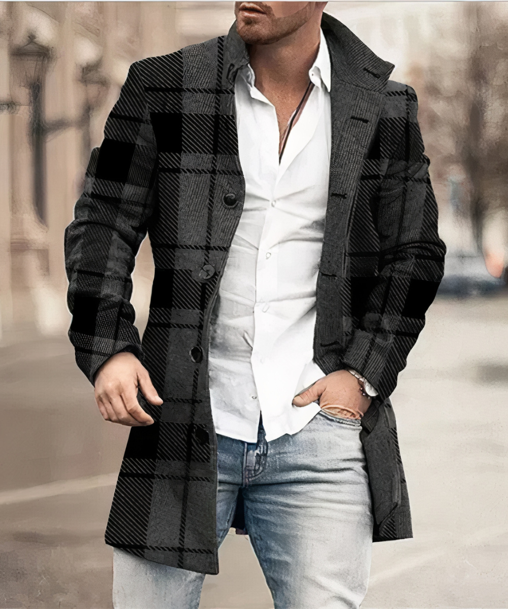 Men's textured trench coat with stand collar and button front