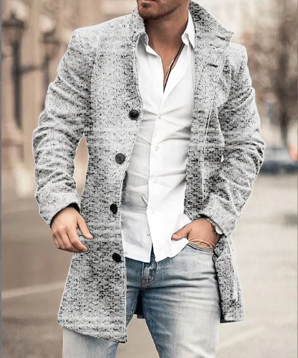 Men's textured trench coat with stand collar and button front