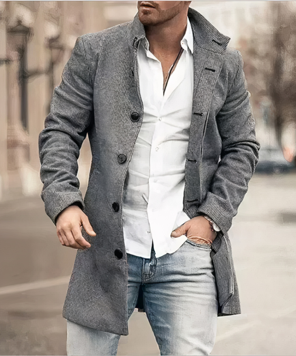 Men's textured trench coat with stand collar and button front