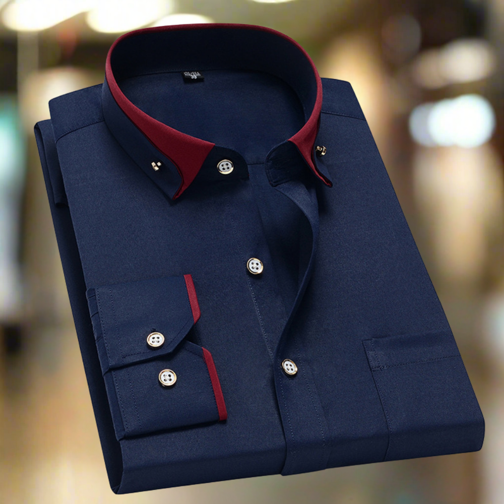 Men's long sleeve shirt with contrast trim, structured collar and button front
